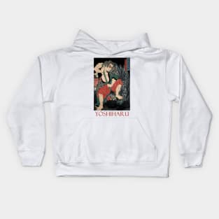 Warrior Fighting a Giant Rooster by Utagawa Yoshiharu Kids Hoodie